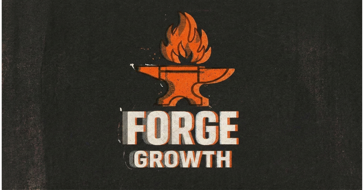 Forge Growth logo in risograph style. Orange flame and anvil icon above the words "Forge Growth" on a charcoal black textured background.